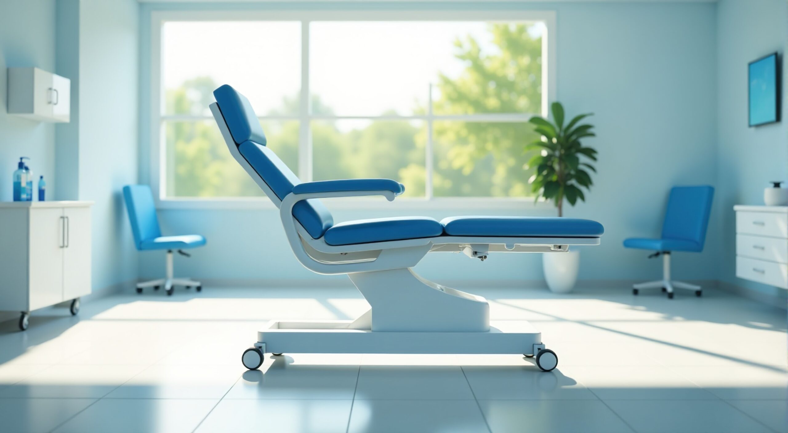 Moderne blaue Therapieliege in heller Praxis mit großen Fenstern und ergonomischer Ausstattung